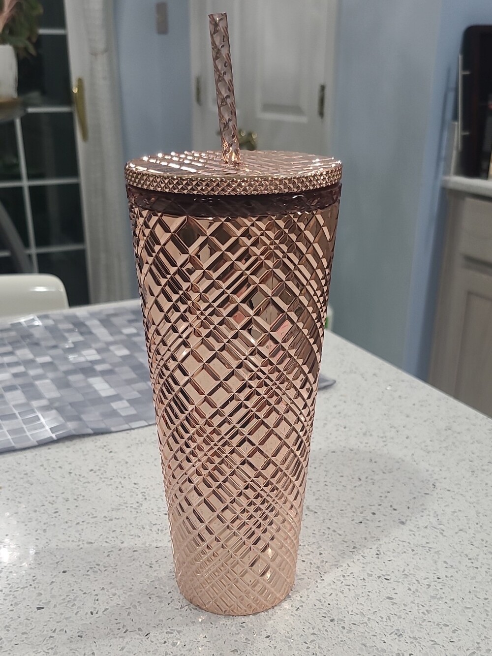 Rose Gold Textured Starbucks Glass with Straw